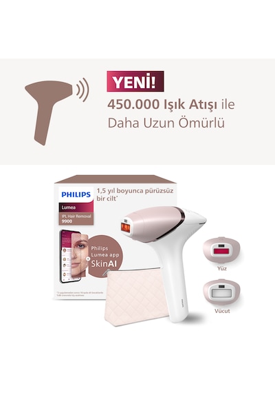 Philips Lumea 9900 Serisi BRI950/02 IPL Tüy Alma, SkinAI Uygulama, Vücut ve Yüz için 2 Başlık, Çanta