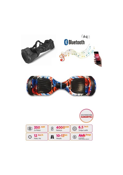 Citymate Elektrikli Kaykay Hoverboard Bluetooth Hoparlörlü 6.5 İnç Grafiti D09 +Çanta