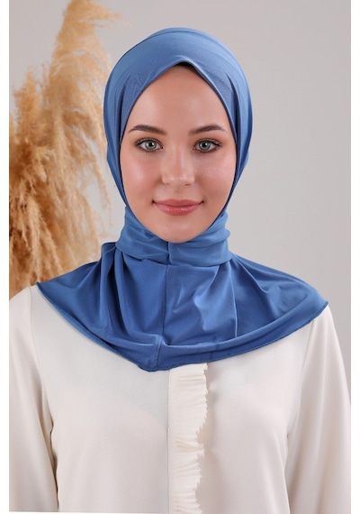 Melodi Scarf Kadın Tesettür Pratik Çıtçıtlı Sandy Fular Hazır Deniz Havuz Uyumlu Bone İndigo İndigo