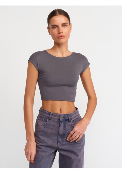 Dilvin Pamuk Ve Modal Karışımlı Crop Top Füme
