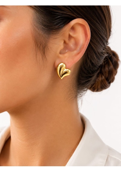 Cm Jewelry Kalp Detaylı Gold Çelik Küpe Altın