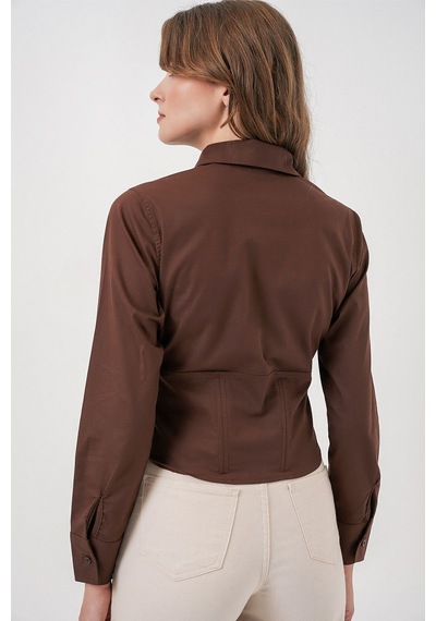 Hiccup Bdart Fitted Poplin Düğmeli Kısa Gömlek Mocha Kahvesi
