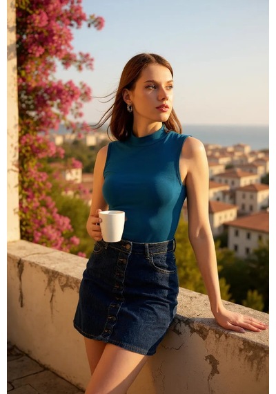 Veraura Lifestyle Kadın Mavi Kolsuz Balıkçı Yaka Basic Bluz