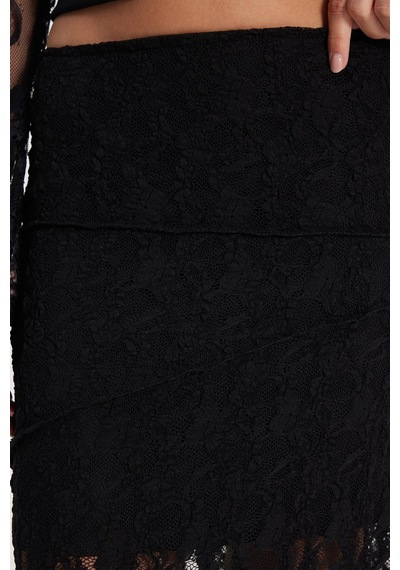 Tudors Kadın Slim Fit Dar Kesim Lastikli Yüksek Bel Dantelli Siyah Etek -50498