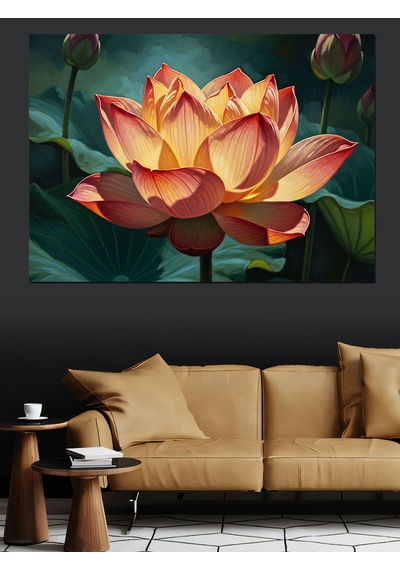 Ahşap Tablo Turuncu Lotus Çiçeği Su Üstünde Dekoratif Tablolar