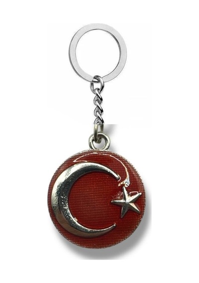 Yuvarlak Kırmızı Ay Yıldız Figürlü Metal Anahtarlık Gümüş Renk Unisex Aksesuar