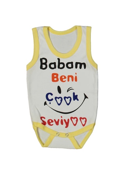 Bebegen Unısex Beyaz Sarı Biyeli Babam Beni Seviyor Yazılı Askılı Zıbın