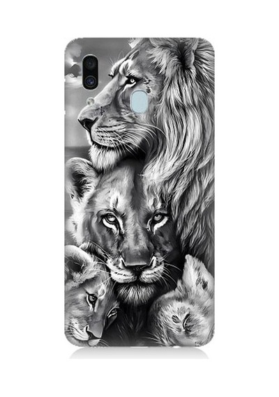 Samsung Galaxy A20 Uyumlu Siyah Beyaz Aslan Ailesi Desenli Silikon Kılıf