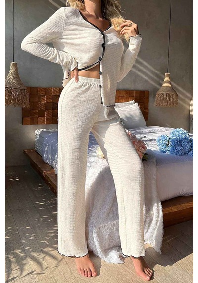 Merry See Özel Örme Kumaş Düğmeli Uzun Kollu Pijama Takımı Beyaz