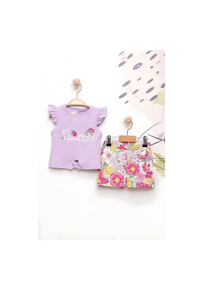 Miniğimin Cicileri Flower Renkli Baskılı Kız Çocuk Şortlu Takım - Lila