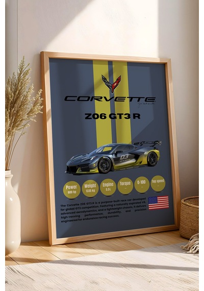 Corvette Z06 Gt3.r Yarış Arabası Tablosu - Teknik Özellikli Otomobil Poster - Çerçeveli Duvar Dekoru Kayın