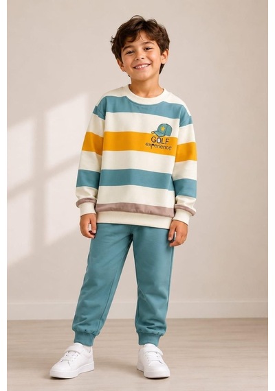 Pina Kids Erkek Çocuk Çizgili Desenli Okul Günlük Eşofman Takımı Esf7036 Mint
