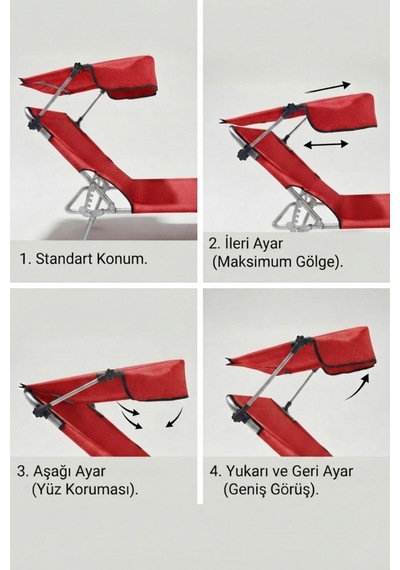 Gölgelikli Premium Katlanabilir Yastıklı Lüks Şezlong Kırmızı Havuz, Bahçe, Teras Sandalyesi