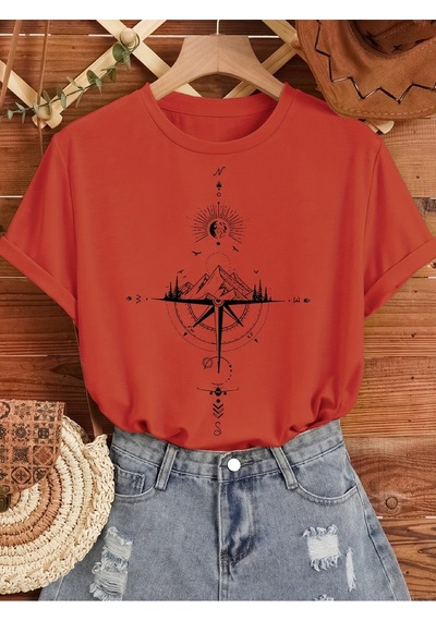 Uyguntarz Unisex Pusula Baskılı Tasarım Tshirt Kırmızı
