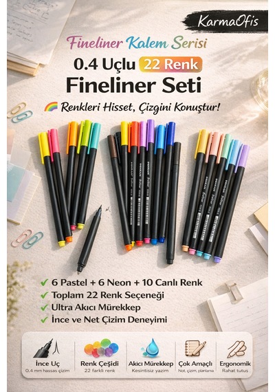 22 Renk Fineliner Kalem Seti 0.4 Mm Neon,pastel,canlı Pensan İnce Uç Çizim Kalemi Seti