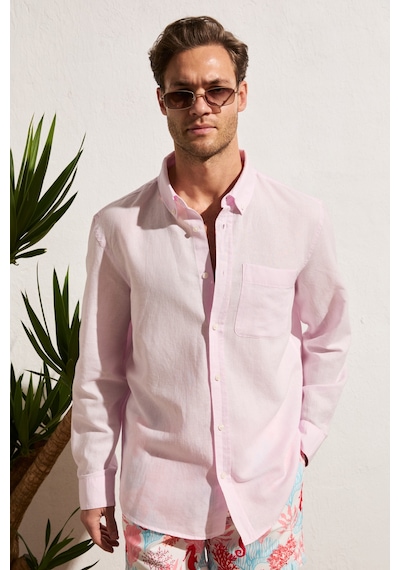 Grımelange Arles Erkek Keten Karışımlı Uzun Kollu Tek Cepli Regular Fit Pembe Gömlek
