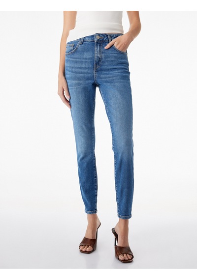 Koton Yüksek Bel Pamuklu Düğmeli Dar Paça Skinny Denim Pantolon - Skinny Push Up Fit Jean Orta İndigo 6sal40192md