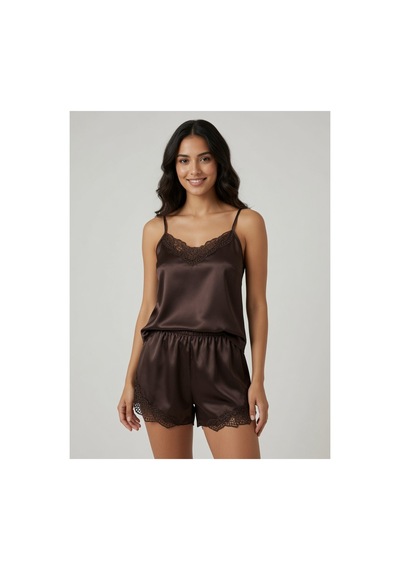 Mh Moony Homewears Kahverengi Lüks Saten Şortlu Pijama Takımı Kahverengi