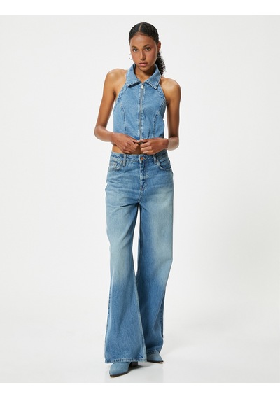 Koton Halter Yaka Denim Crop Top Fermuarlı Sırt Dekolteli Slim Fit Açık İndigo 4sal30034md Açık İndigo Koton Halter Yaka Denim Crop Top Fermuarlı Sırt Dekolteli Slim Fit Açık İndigo 4sal30034md Açık İndigo