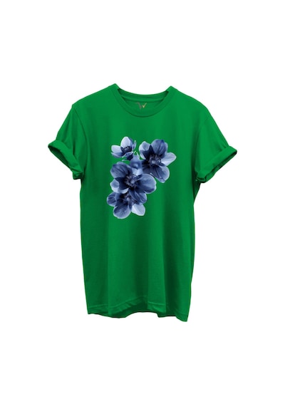 Mavi Çiçek Desenli Kadın %100 Pamuk Regular Fit Bisiklet Yaka T-shirt Yeşil