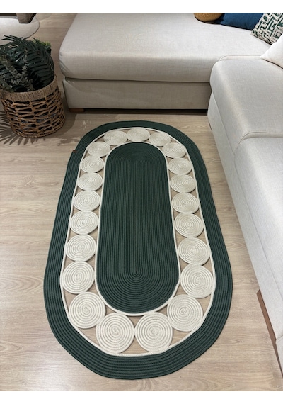 Mavaux Cookie Jüt Hasırlı El Örgüsü Kilim Krem - Yeşil