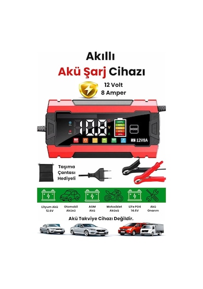 12v 8a Akıllı Akü Şarj Cihazı 12v 8a Lcd Ekranlı Pulse Repair Otomatik Akü Şarj & Desülfatör Lisinya