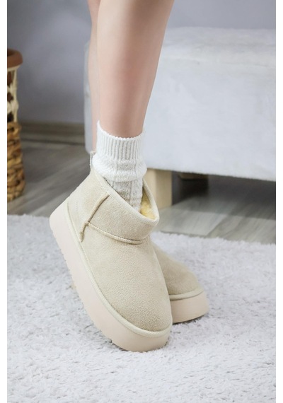 Asmi Shoes Kadın Pavro Süet İçi Kürklü Kalın Taban 4.5 Cm Mini Kısa Bot Krem Krem