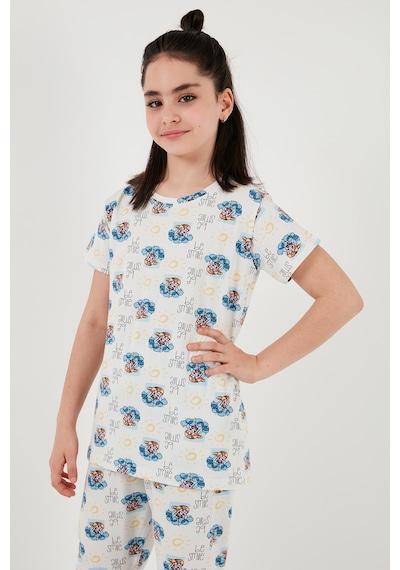 Lela % 100 Pamuk Bisiklet Yaka Kısa Kollu Kız Çocuk Pijama Takımı 6651004 Ekru-Mavi