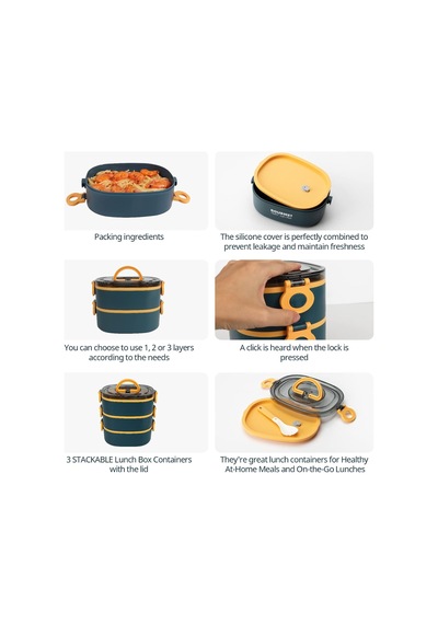 Bento Box Yetişkin Öğle Yemeği Kutusu, Sızdırmaz, Bpa İçermeyen İstifleme 3 Katlı Taşınabilir İstiflenebilir Gıda Kabı Saklama Kutuları Çalışma Okul Kamp İçin Mavi Çok Renkli