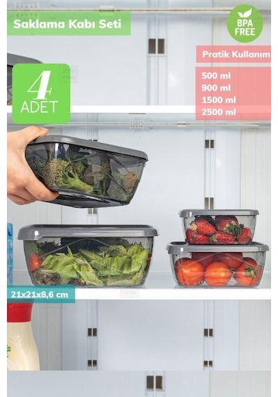 4 Lü Kare Saklama Kabı Seti Erzak Kabı Buzdolabı Kabı Büyük Boy Bpa Free Şeffaf