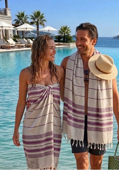 Pamuk Peştemal 100x180 Cm Çizgili Plaj Havlusu, Hamam Havlusu, Sauna Havlusu, Çok Amaçlı Kullanım Mürdüm