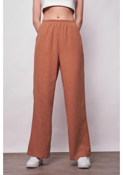 JUMENT Keten Yüksek Bel Beli Lastikli Yan Cepli Bol Paça Pantolon -camel