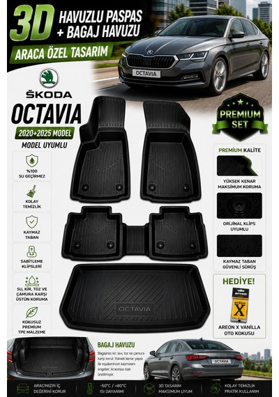 Skoda Octavıa 2020+2025 Model Uyumlu 3d Araca Özel Havuzlu Paspas+bagaj Havuzu Birebir Uyum