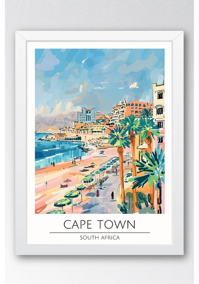 Güney Afrika Cape Town Temalı Çerçeveli Tablo Travel Serisi Modern İllüstrasyon Duvar Dekoru Beyaz