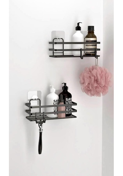 Banyo Düzenleyici Yapışkanlı Metal Banyo Rafı İkili Duş Rafı Organizer Şampuanlık Mat Siyah-gnrl281 Siyah