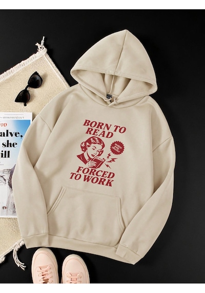 Uyguntarz Unisex Born To Read Baskılı Oversize Sweatshirt Bej