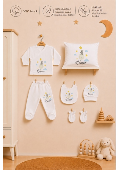 Pia Baby İsimli Erkek Bebek Zıbın Şapka Önlük Eldiven Ve Yastık Kılıfı %100 Pamuk Organik Baskılı 2042yz3x Ekru
