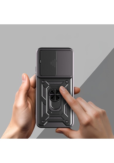 Vendas Xiaomi Redmi 15c Kılıf Magnetik Standlı Kamera Korumalı Zore Sürgülü Vega Kapak Siyah