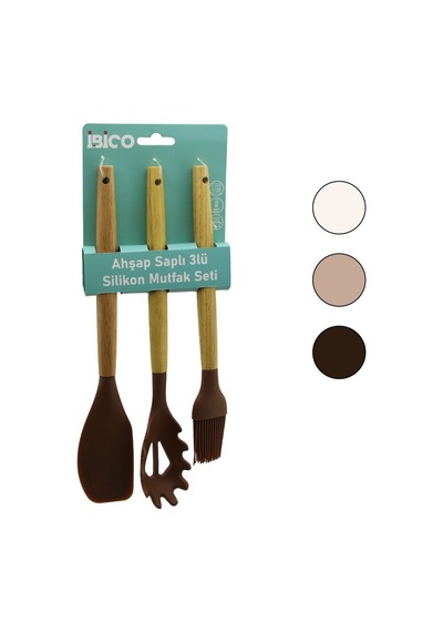 İbico İ22-007 Mutfak Seti 27-30-31cm 3 Adet Spatula Y.fırçası Ahşap Saplı Renkli Silikon - 12'li Paket Diğer