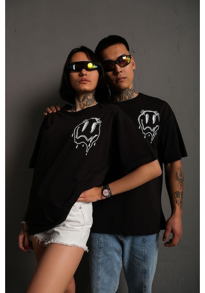 Technomonkey Oversize Eriyen Smiley Baskılı Unisex Tişört Siyah