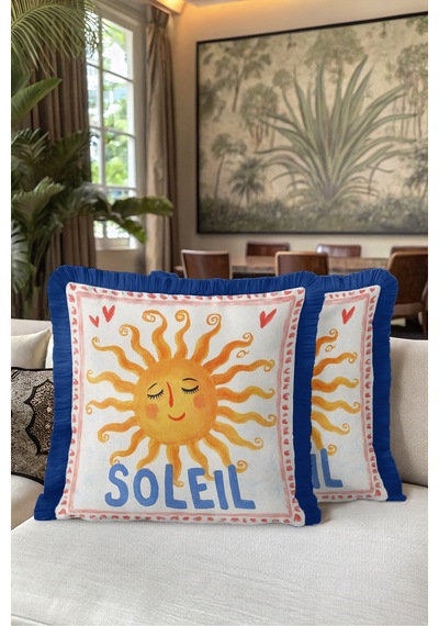 Bohem İtalyan Soleil Güneş Saçaklı Yastık Kılıfı - Retro Sarı Mavi Lacivert Püsküllü Kırlent Kılıfı Sessiz Atlas Serenat