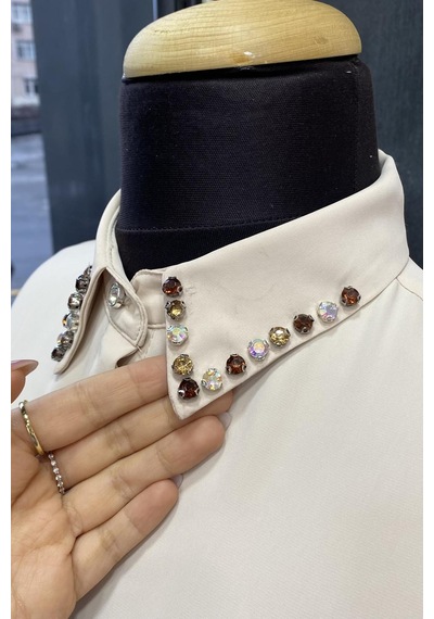 Pera Moda Yakası Taşlı Basic İç Göstermeyen Şık Gömlek Taş
