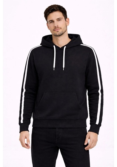 Barlashive Erkek Şeritli Kapüşonlu Sweatshirt Oversize 3 İplik Pamuklu Hoodei - Siyah Çok Renkli