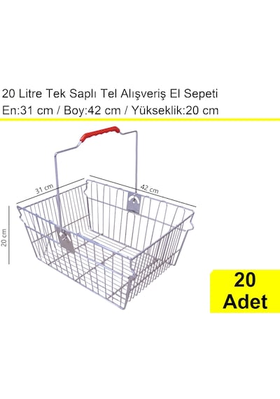 Tel Alışveriş El Sepeti 20 Litre Tek Saplı 20 Adet / En:31 Boy:42 Yükseklik:20 Cm Metal