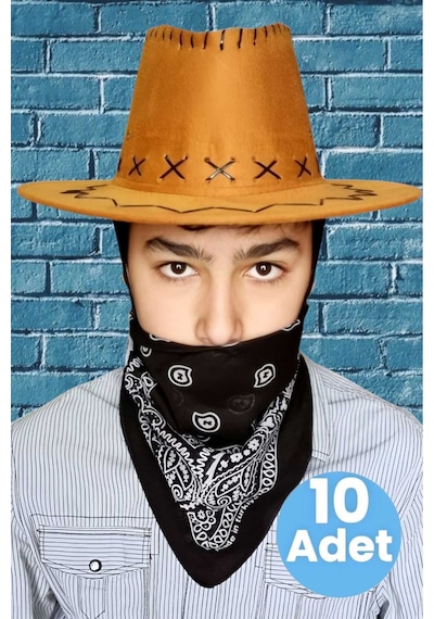 Uniquetrenders Çocuk Unisex Bandanalı 10'lu Nubuk Kovboy Şapkası 8-14 Yaş Taba 3