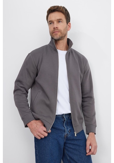 Tudors Unisex Relax Fit Rahat Kesim Pamuklu 3 İplik İçi Polarlı Fermuarlı Cepli Gri Sweatshirt Hırka-41678 Koyu Gri