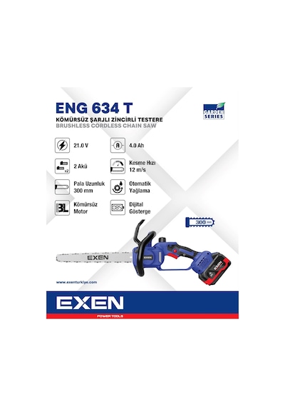 Exen ENG 634 T 21V 2x4AH Çift Akü 300 MM Kömürsüz Şarjlı Zincirli Testere