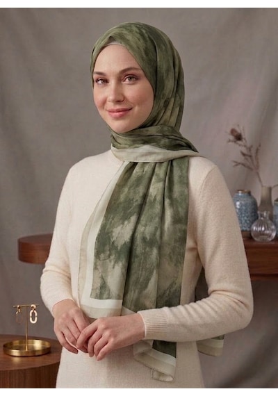 Alivascarf Bulut Desen Bambu Şal Yeni Pamuk Trend Şal Zeytin Yeşili