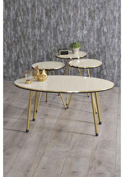 Zigon Sehpa Ve Orta Sehpa Elips Set Çift Gold Metal Krem