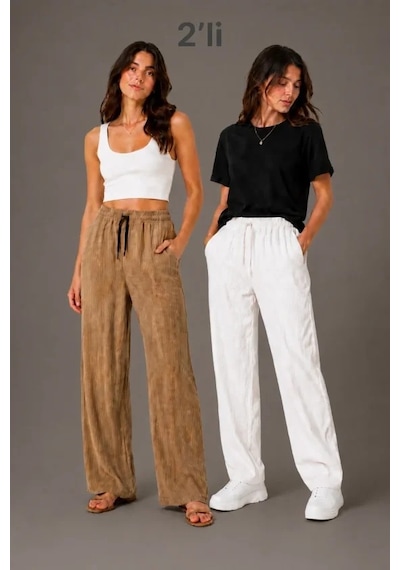 Meleners 2li Bürümcük Kumaş Beli Lastikli Bağcıklı Bol Paça Pantolon - Beyaz/vizon Cok-renklı